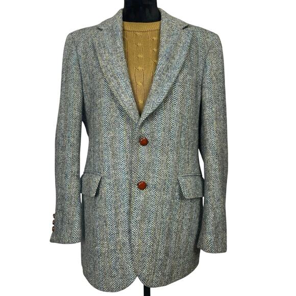 EUC - Vintage Harris Tweed Black-Blue Scottish Herringbone Wool Blazer - Picture 1 of 8